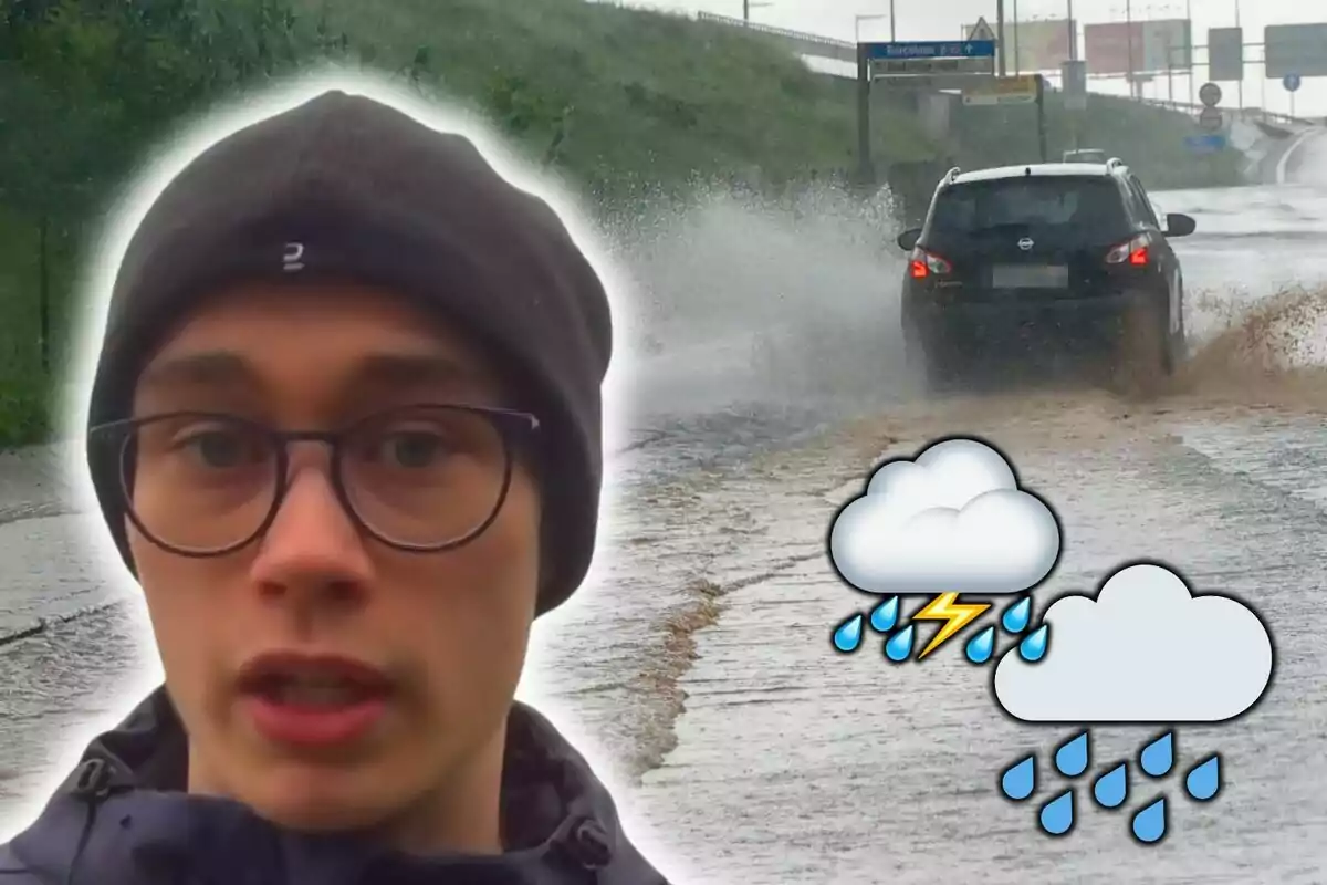 Muntatge de fotos de Jorge Rey amb gorra i ulleres apareix en primer pla mentre un cotxe esquitxa aigua en una carretera inundada amb icones de núvols de pluja i tempesta.