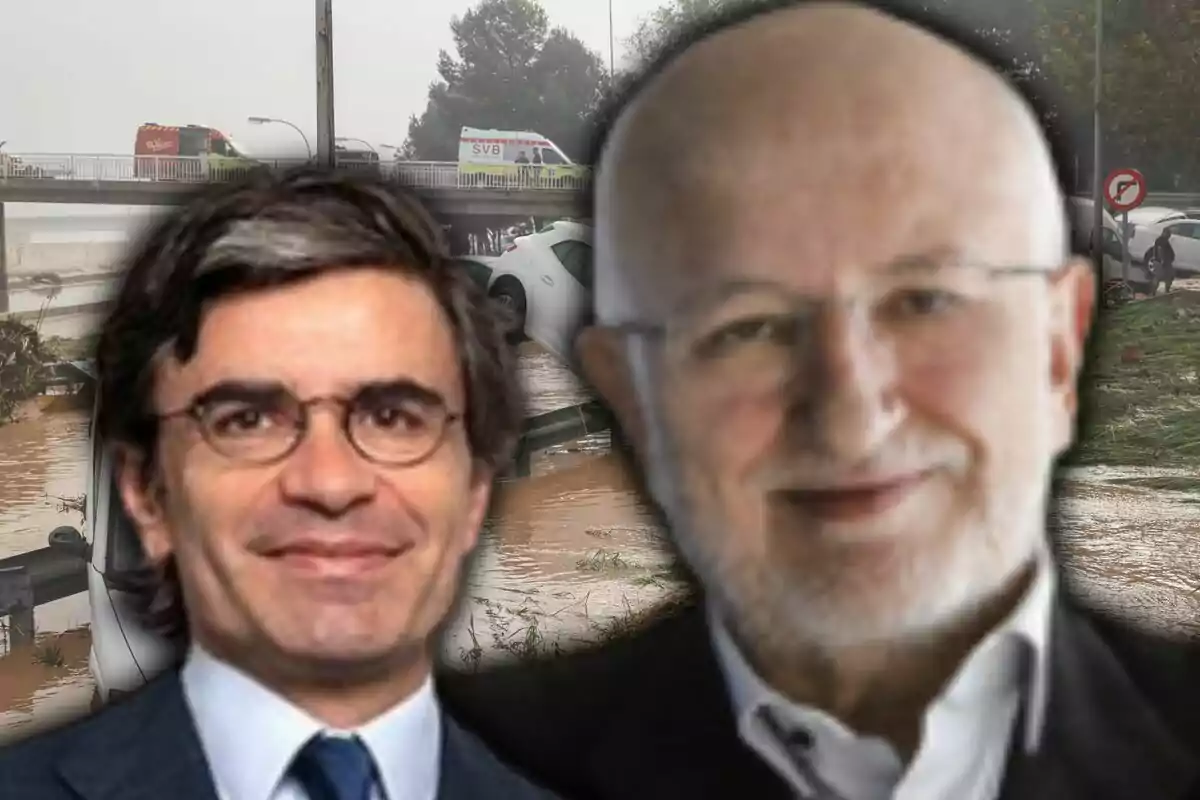 Roberto Centeno i Juan Roig amb vestits formals superposats sobre una escena d'inundació amb vehicles i ambulàncies en un pont.