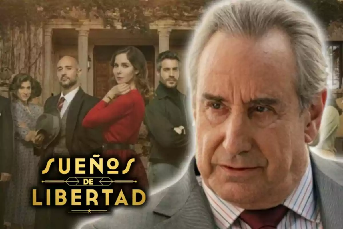 Un grup de persones posant davant d'un edifici amb el títol "Sueños de Libertad" a la part inferior i l'actor Juanjo Puigcorbé amb cara seriosa en primer pla.