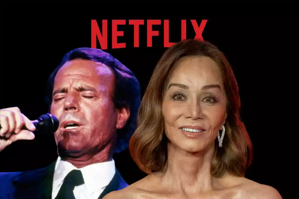 Muntatge de fotos del cantant Julio Iglesias cantant amb un micròfon amb Isabel Preysler i el logotip de Netflix.