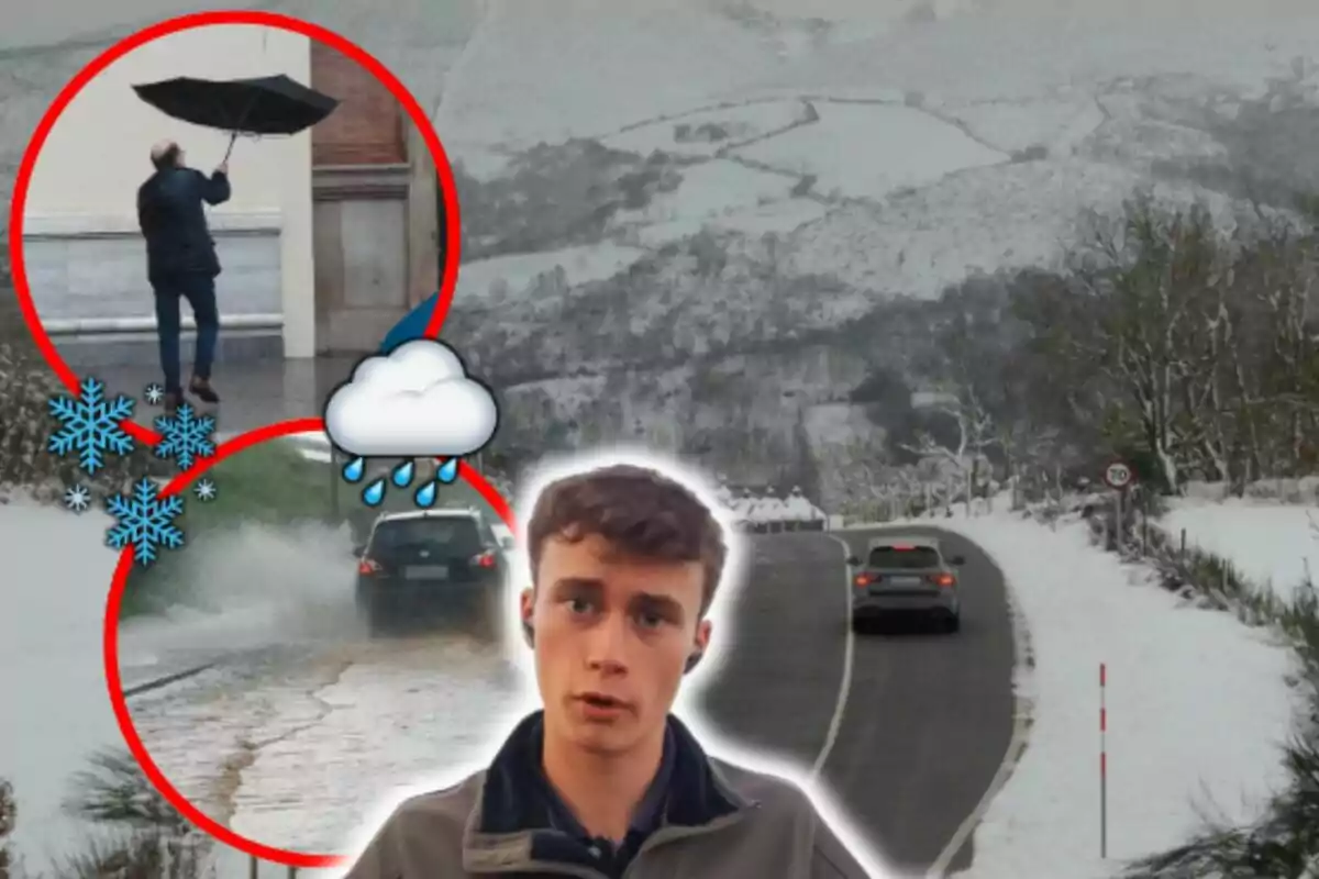 Un home amb un paraigua lluitant contra el vent, un cotxe esquitxant aigua en una carretera i Jorge Rey en primer pla, tot en un paisatge nevat.