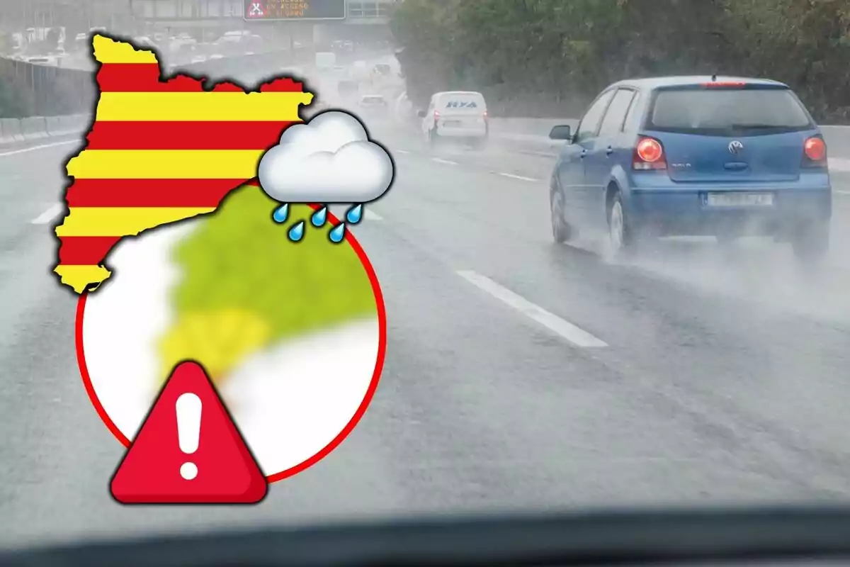 Carretera mojada con coches circulando bajo la lluvia y un gráfico de advertencia meteorológica sobre Cataluña. Carretera mojada con coches circulando bajo la lluvia y un gráfico de advertencia meteorológica sobre Cataluña.