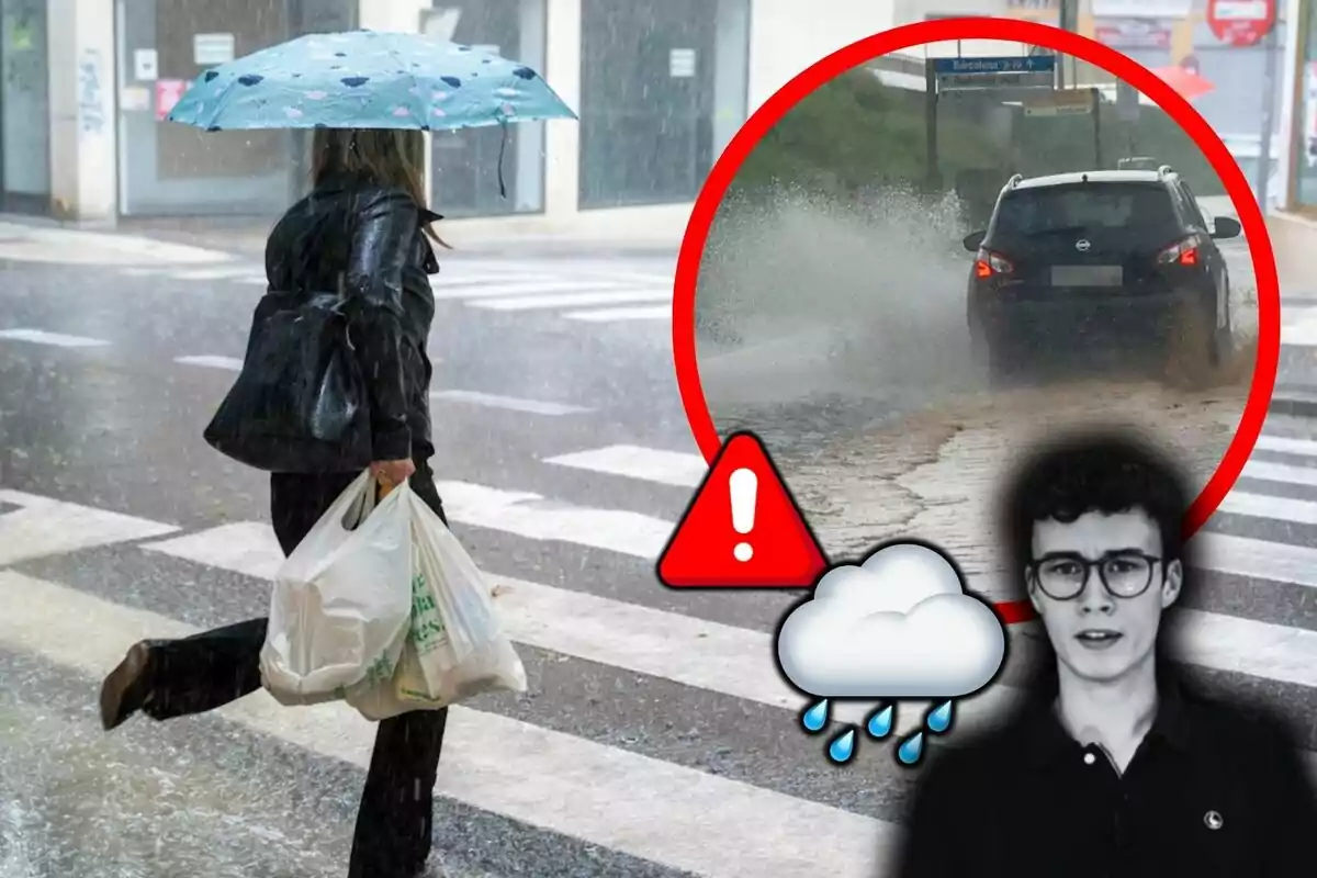 Una persona amb paraigua creua el carrer sota la pluja mentre un cotxe esquitxa aigua en un toll, al costat, hi ha una imatge de Jorge Rey en blanc i negre amb rostre neutre.