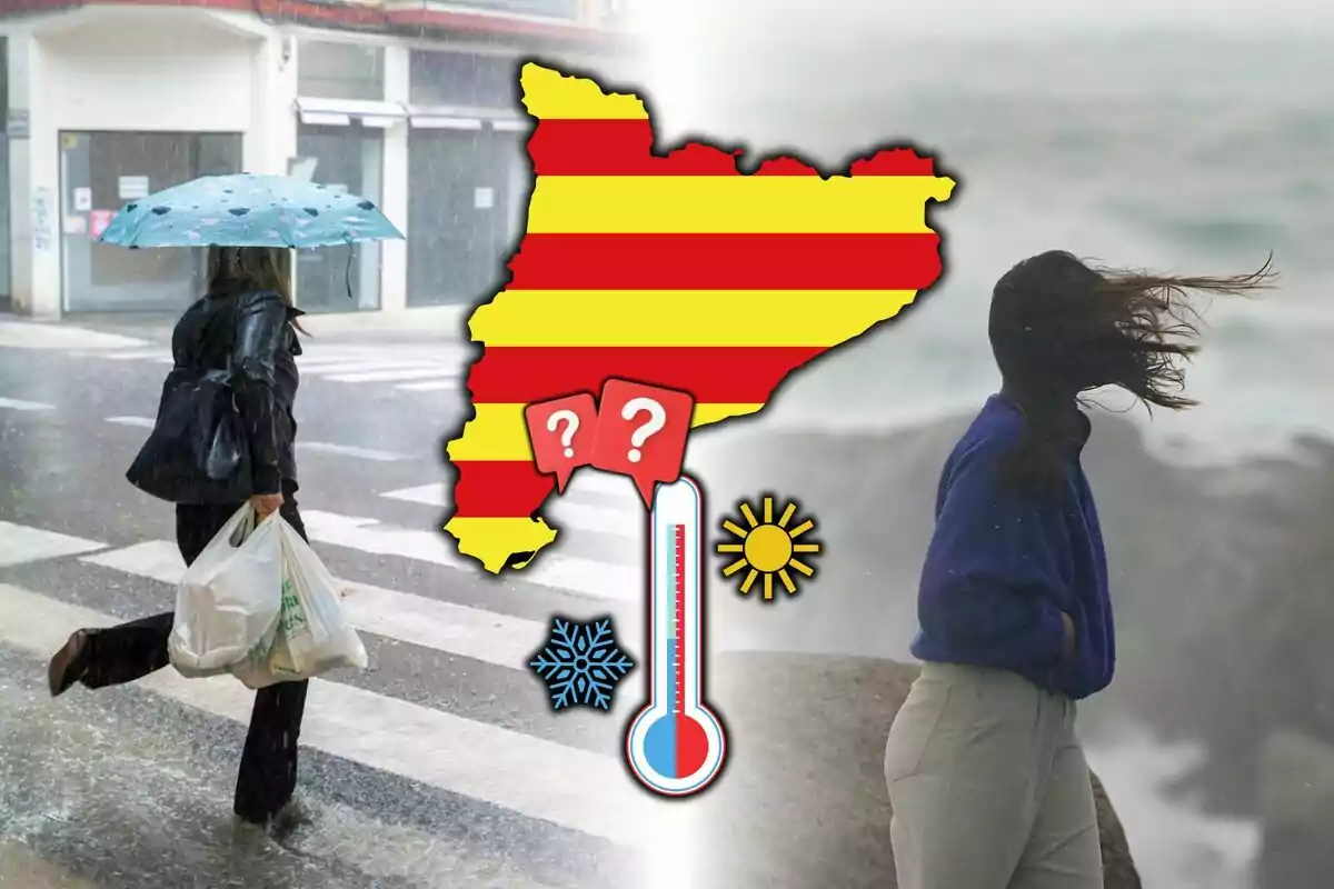 Una dona amb paraigua camina sota la pluja mentre una altra persona està en un entorn ventós al costat del mar amb un mapa de Catalunya al centre mostrant símbols de temps variat. Una dona amb paraigua camina sota la pluja mentre una altra persona està en un entorn ventós al costat del mar amb un mapa de Catalunya al centre mostrant símbols de temps variat.