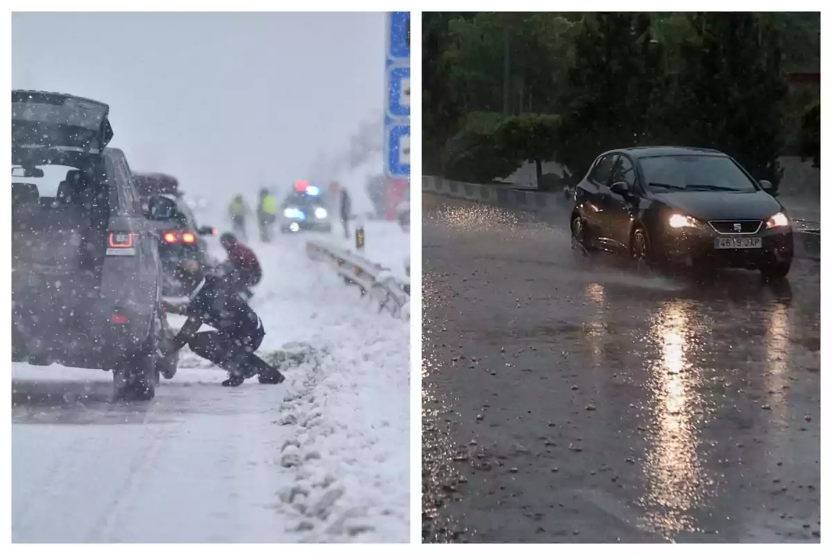 A l'esquerra, una persona col·loca cadenes en un cotxe durant una nevada intensa; a la dreta, un cotxe circula per una carretera mullada sota la pluja.