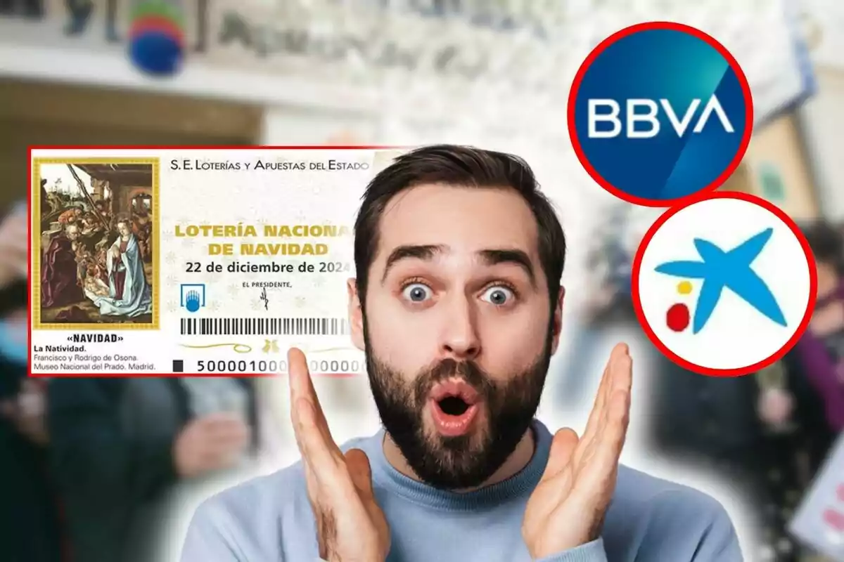 Hombre sorprendido sosteniendo un billete de la Lotería de Navidad con logotipos de BBVA y CaixaBank en el fondo.