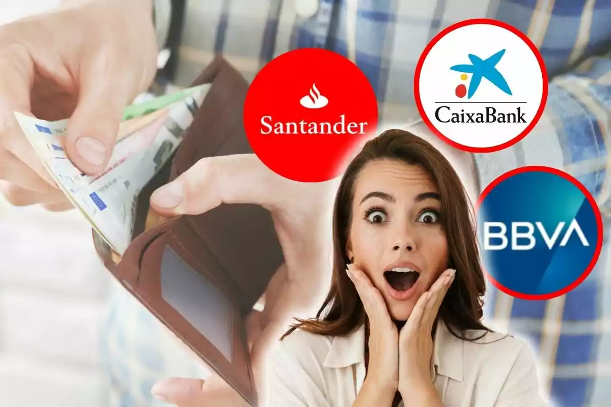 Persona sorpresa amb una cartera amb bitllets i logotips de bancs com Santander, CaixaBank i BBVA.