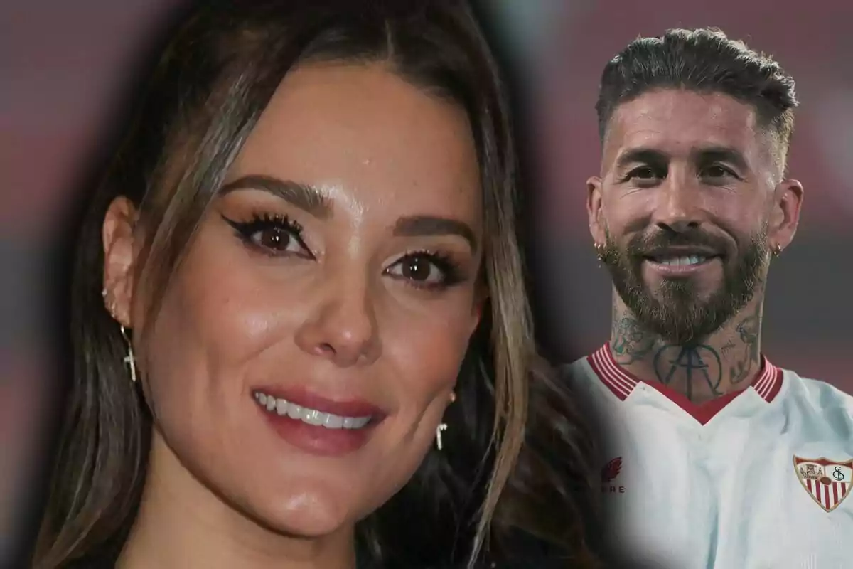 Muntatge de fotos de Lorena Gómez somrient en primer Pía i Sergio Ramos amb barba i tatuatges al coll vestint una samarreta de futbol al fons.