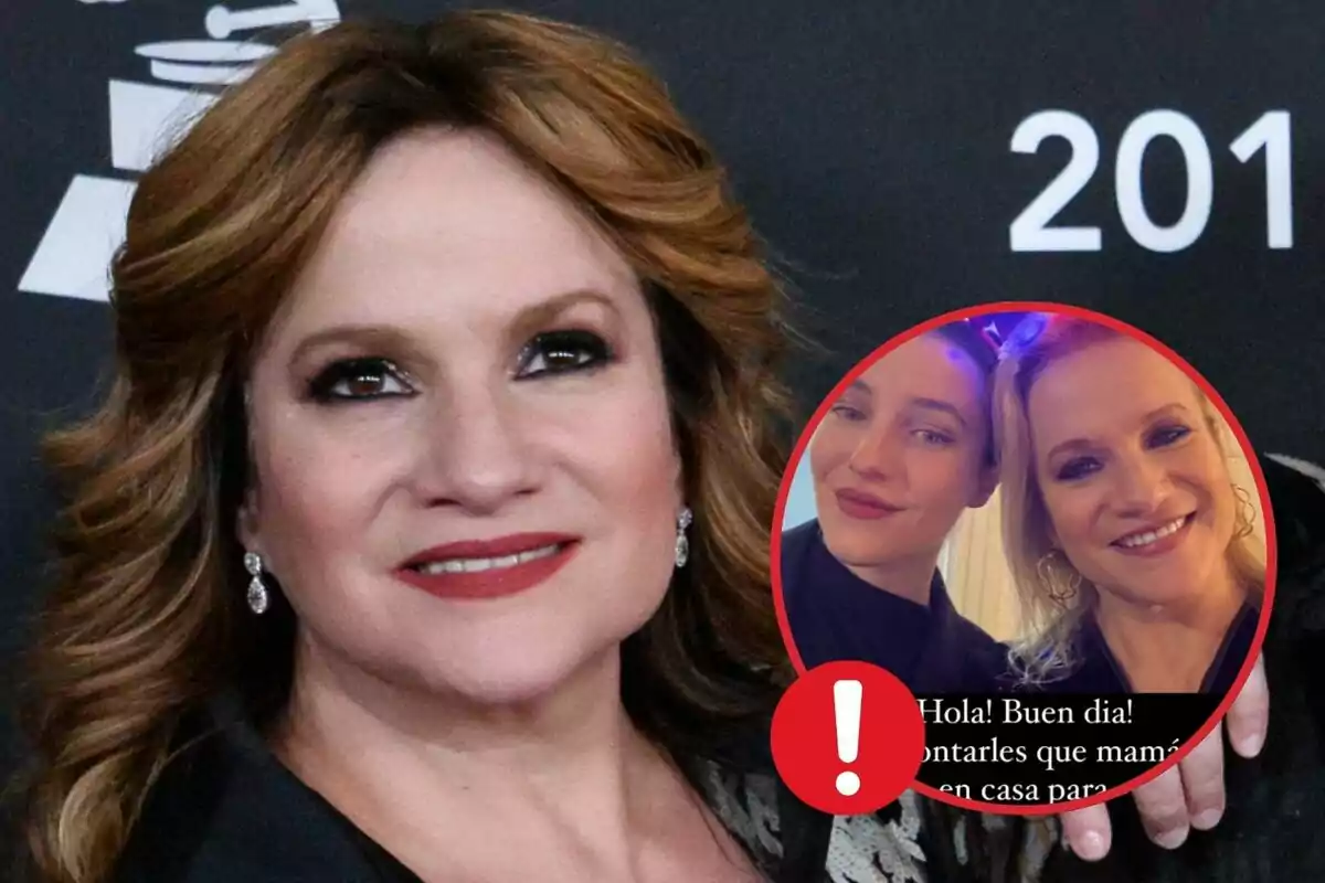 Muntatge de fotos de la cantant de Pimpinela, Lucía Galán, en primer pla i una imatge circular al costat de la seva filla en la seva darrera publicació a xarxes socials juntament amb un signe d'exclamació