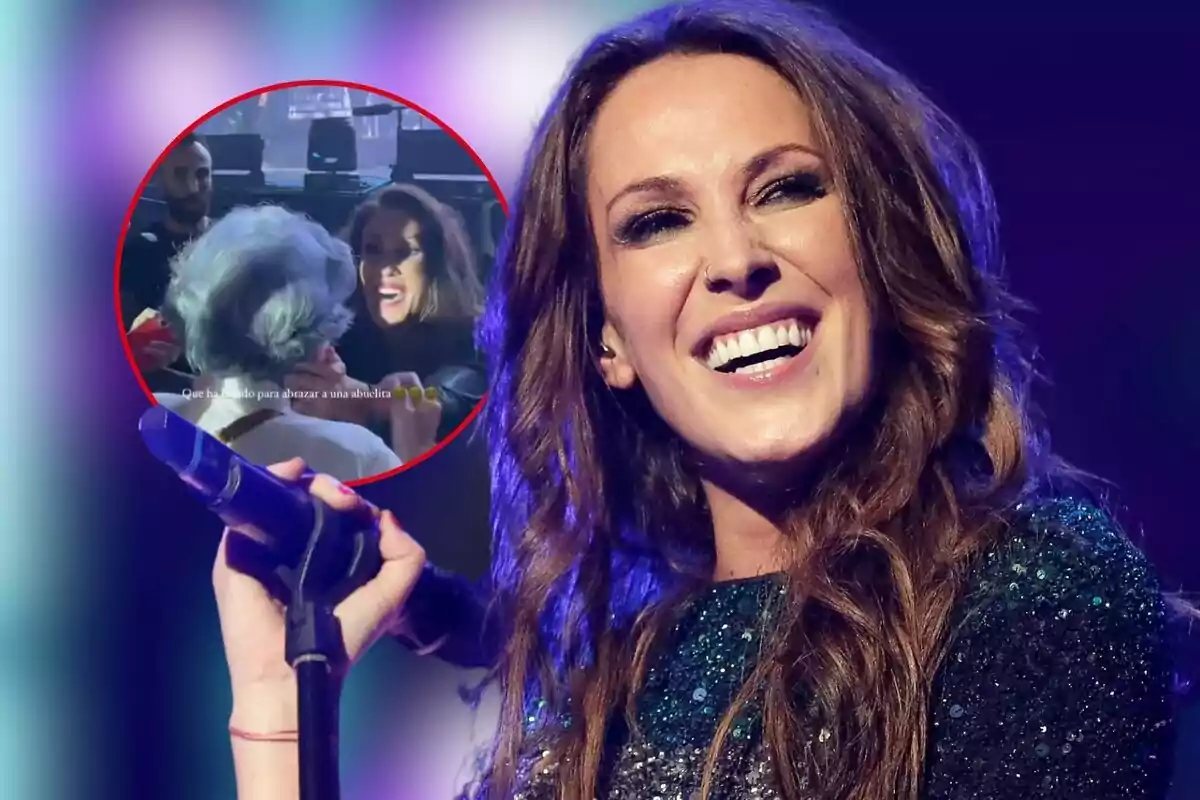 Muntatge de fotos de la cantant Malú en primer pla somrient amb un micròfon a la mà i una imatge circular amb una àvia en un dels seus concerts.