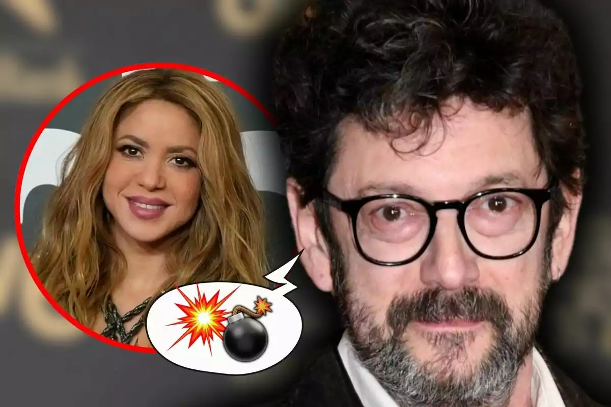 Muntatge de fotos de primer pla de Manolo Solo i Shakira amb un efecte d'explosió en un globus de diàleg.