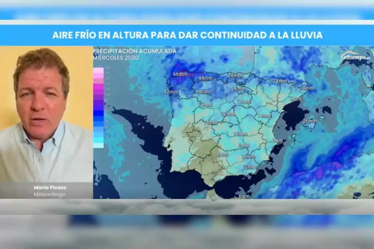 Mario Picazo, el famós meteoròleg de Mediaset, presenta un mapa del temps amb pronòstic de pluges a Espanya mostrant acumulacions de precipitació en mil·límetres. Mario Picazo, el famós meteoròleg de Mediaset, presenta un mapa del temps amb pronòstic de pluges a Espanya mostrant acumulacions de precipitació en mil·límetres.