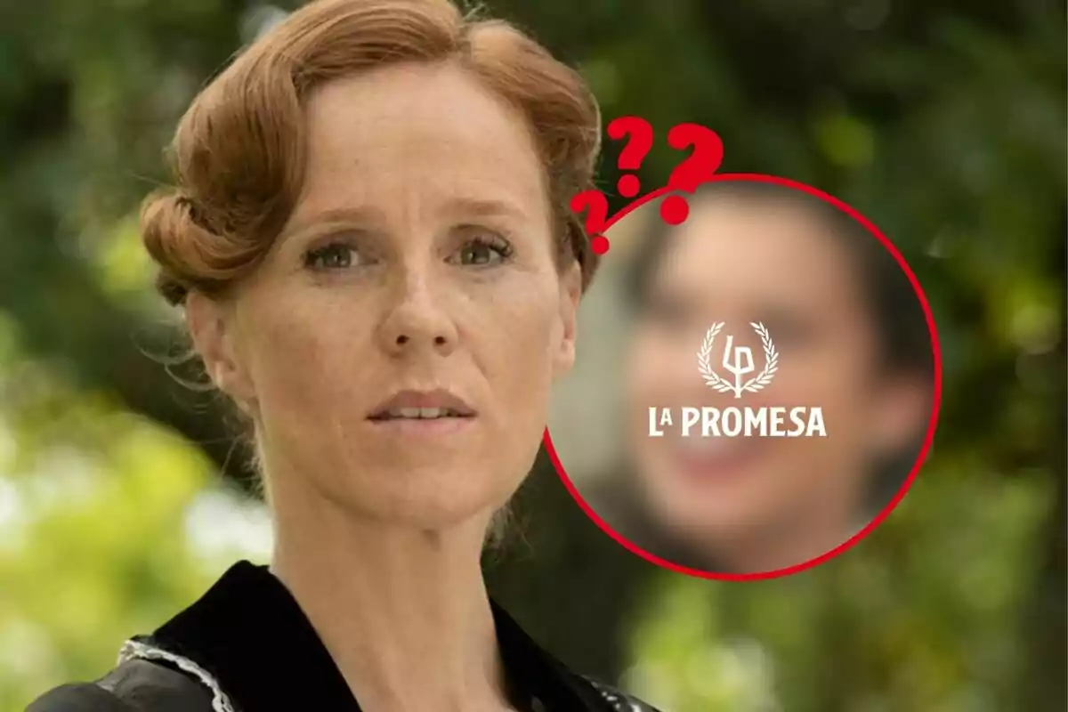 Muntatge de fotos de l'actriu María Castro a la sèrie 'La Promesa', en primer pla, juntament amb una imatge circular desenfocada, el logotip de la sèrie i uns interrogants.