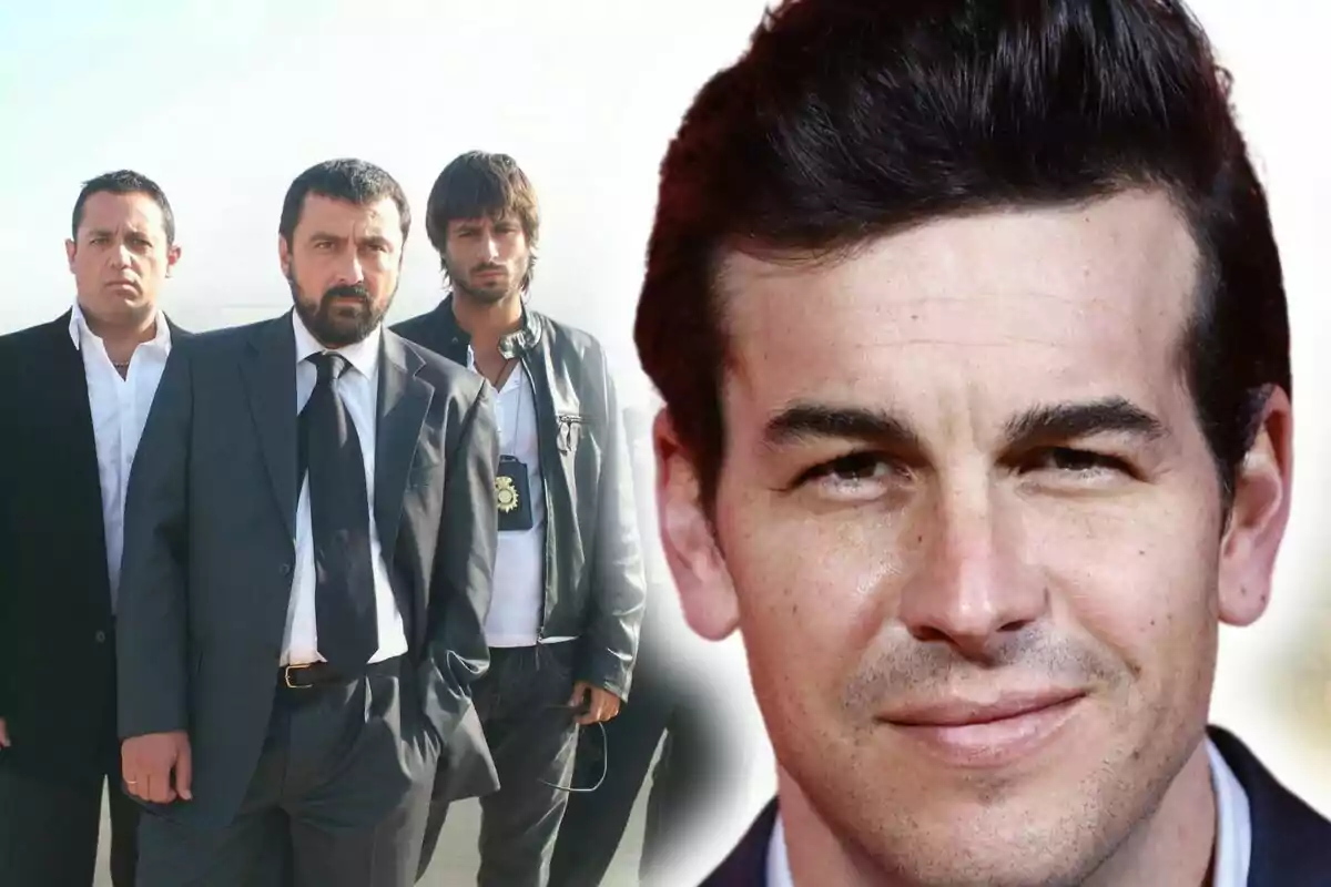 Un grup d'homes vestits formalment que pertany a la sèrie 'Los Hombres de Paco' amb una imatge de Mario Casas somrient en primer pla.