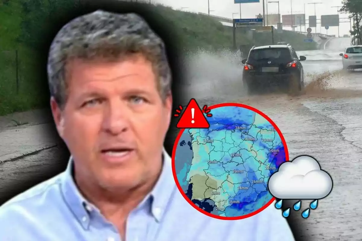 Mario Picazo apareix en primer pla amb una imatge de fons que mostra un mapa meteorològic amb advertiments de pluja i una carretera inundada per on circulen cotxes.