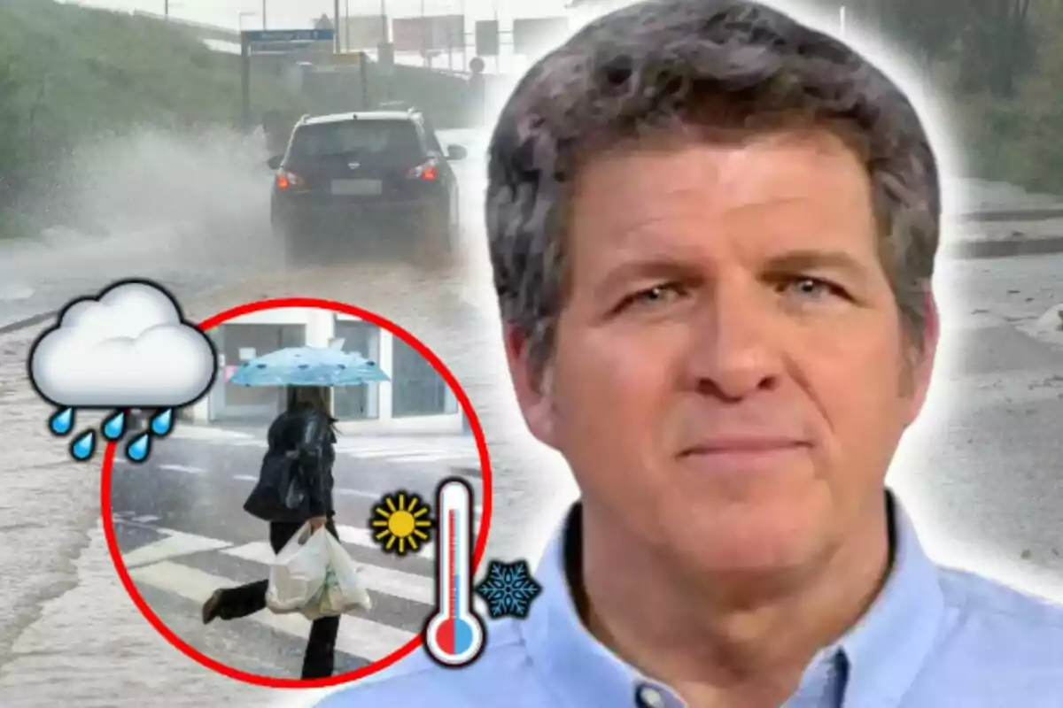 Mario Picazo apareix en primer pla mentre de fons s'observa una carretera inundada per la pluja i un cotxe circulant, a més hi ha un gràfic que mostra una persona amb paraigües i símbols de clima plujós i temperatures.