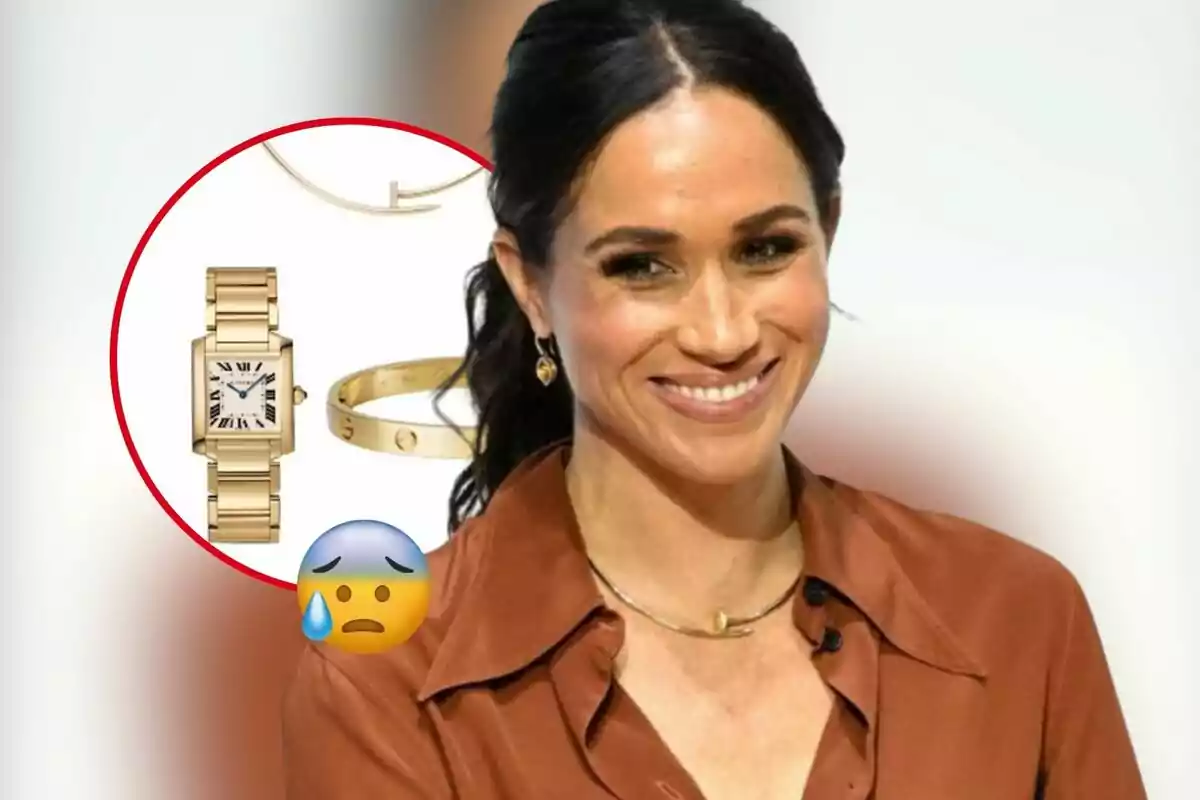 Muntatge de fotos de Meghan Markle en primer pla somrient amb una imatge circular d'unes joies daurades i una emoticona trista.