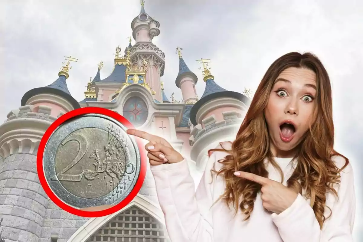 Una dona sorpresa assenyala una moneda de dos euros davant un castell de Disneyland París.