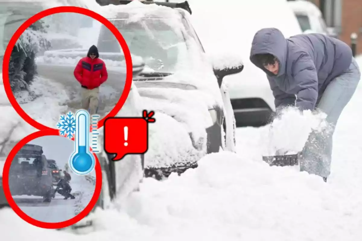 Una persona treu neu d?un automòbil mentre altres imatges mostren algú caminant a la neu i un cotxe en una carretera nevada amb icones d?advertència de fred.