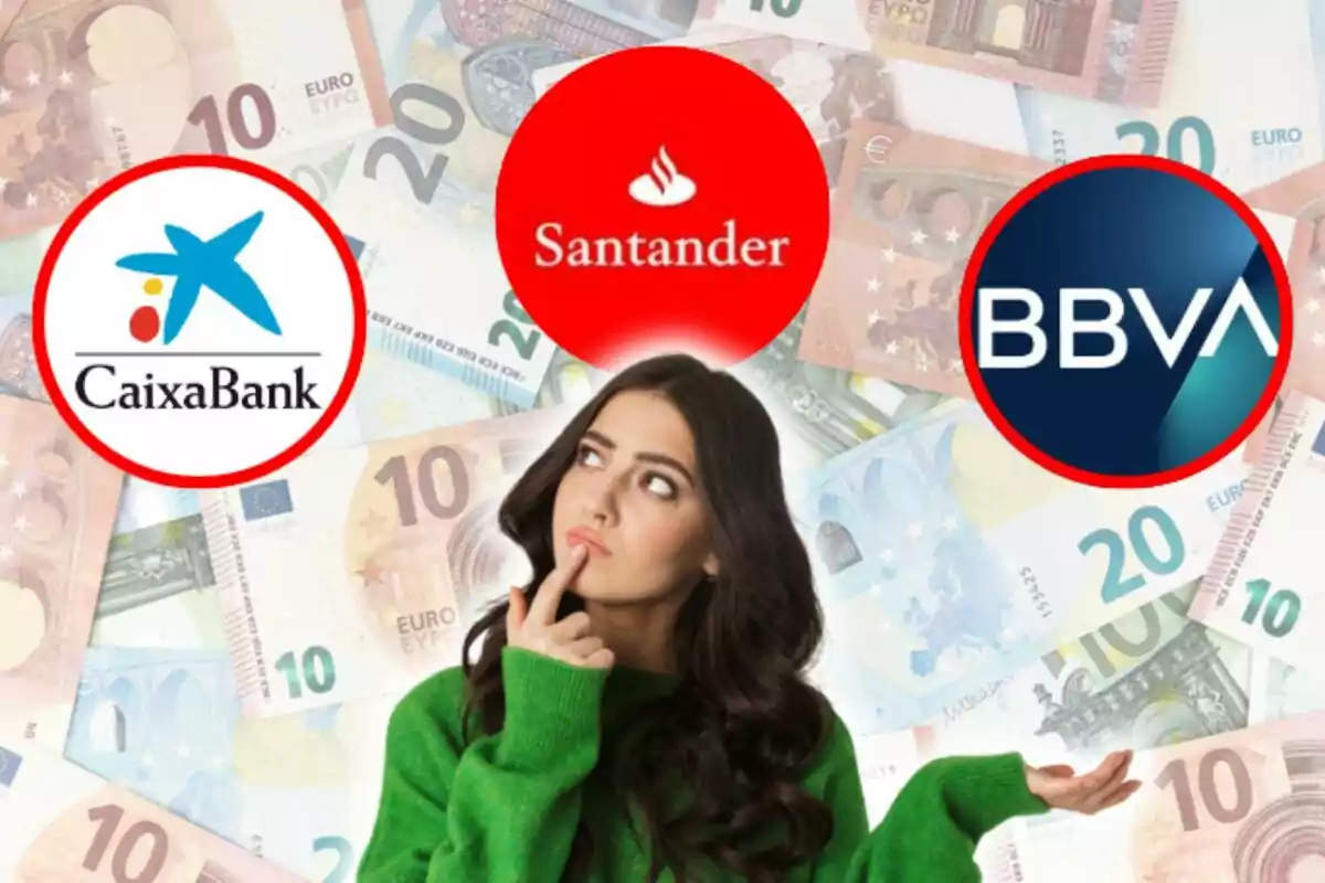 Mujer pensativa frente a logotipos de bancos sobre un fondo de billetes de euro.