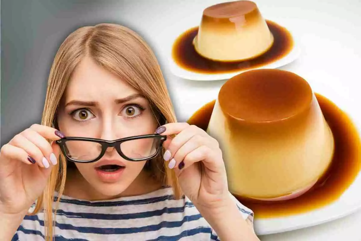 Una persona amb expressió de sorpresa sosté les seves ulleres mentre observa dos flamets amb caramel en un plat.