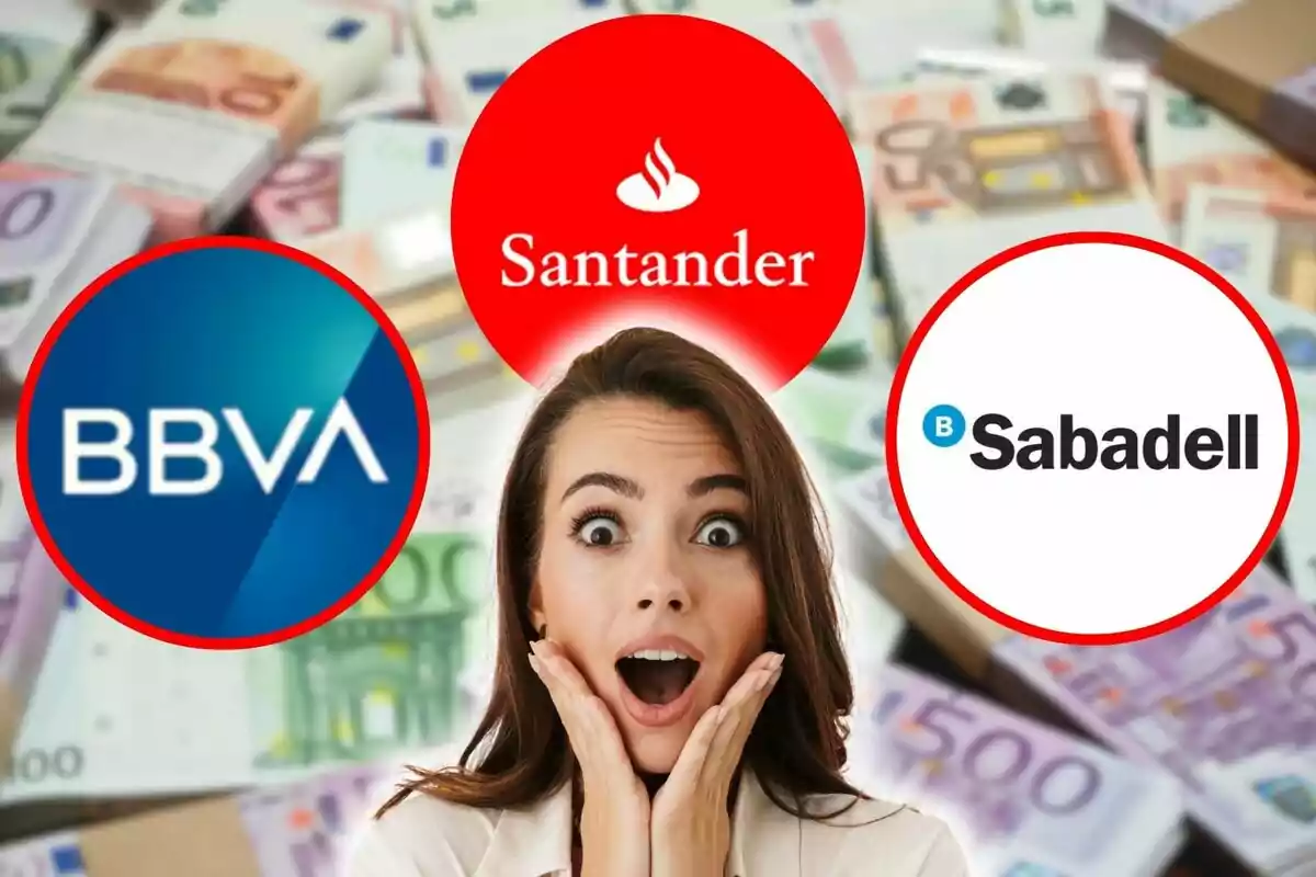 Una mujer con expresión de sorpresa rodeada de logotipos de bancos y billetes de euro.