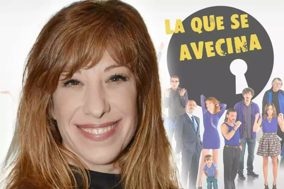 Muntatge de fotos de Nathalie Seseña somrient davant d'un cartell de "La que s'acosta" amb diversos personatges de la sèrie.