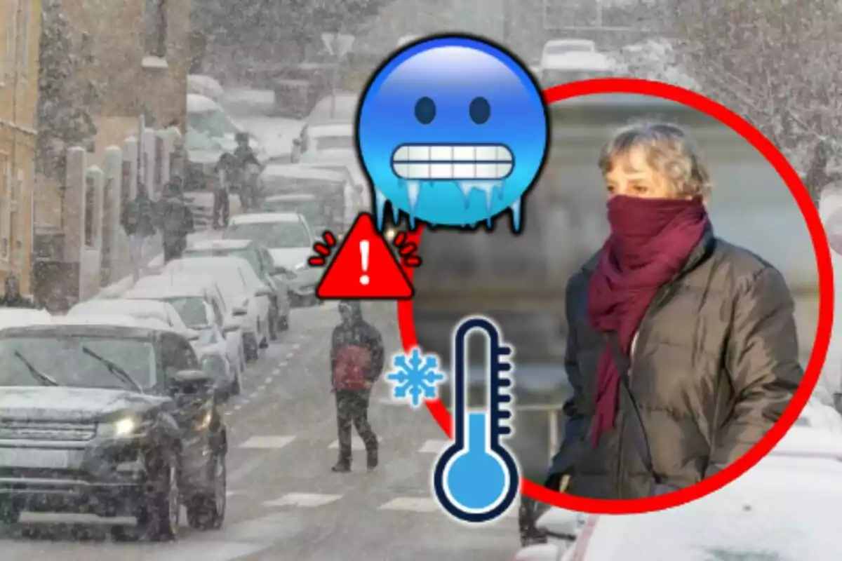 Un carrer cobert de neu amb cotxes estacionats i persones caminant, al costat d'un emoji de fred, una icona d'advertència i un termòmetre, destacant el clima hivernal; una persona està abrigada amb bufanda i jaqueta.