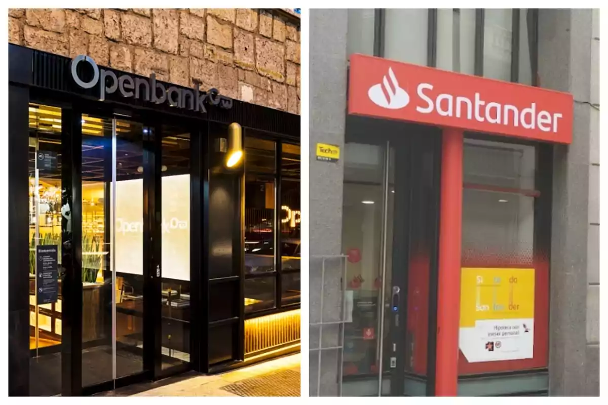 Façanes de dos bancs, un amb el rètol d'Openbank i un altre amb el rètol del Banco Santander.