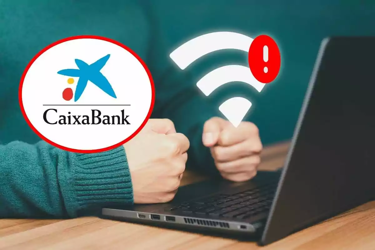 Persona frustrada davant d'un ordinador portàtil amb el logotip de CaixaBank i un símbol d'alerta de connexió Wi-Fi.