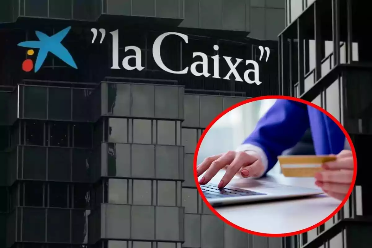 Edifici de La Caixa amb una persona usant un ordinador portàtil i sostenint una targeta de crèdit.