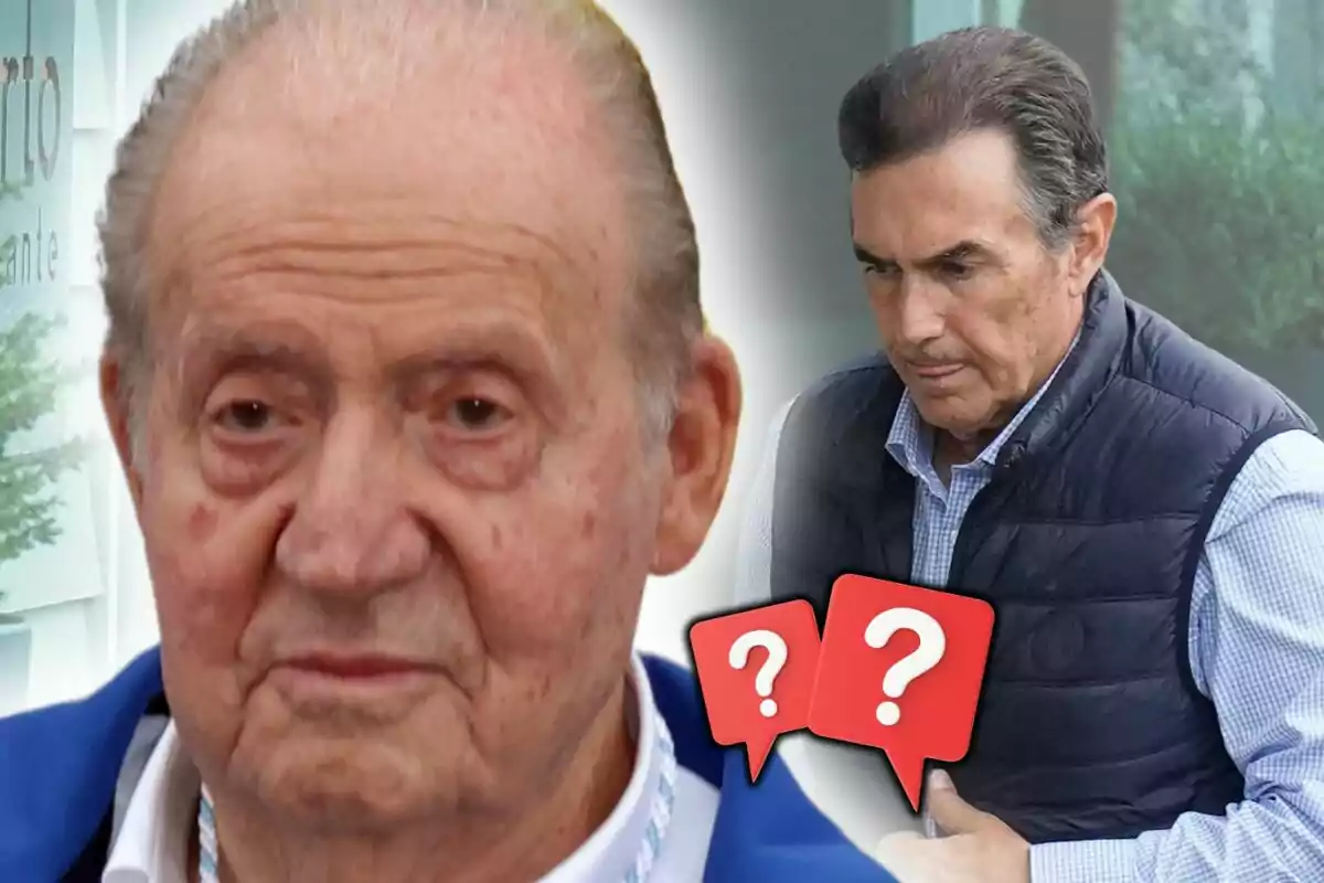 Dos homes grans apareixen a la imatge, un d'ells és Joan Carles I en primer pla i l'altre apareix al fons i és Pedro Campos, amb icones de signes d'interrogació superposades.