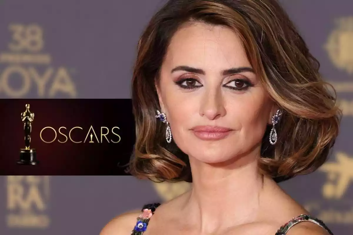 Montaje de fotos con un primer plano de la actriz Penélope Cruz en la alfombra roja de los Premios Goya y una captura del logo de los Premios Oscars Montaje de fotos con un primer plano de la actriz Penélope Cruz en la alfombra roja de los Premios Goya y una captura del logo de los Premios Oscars