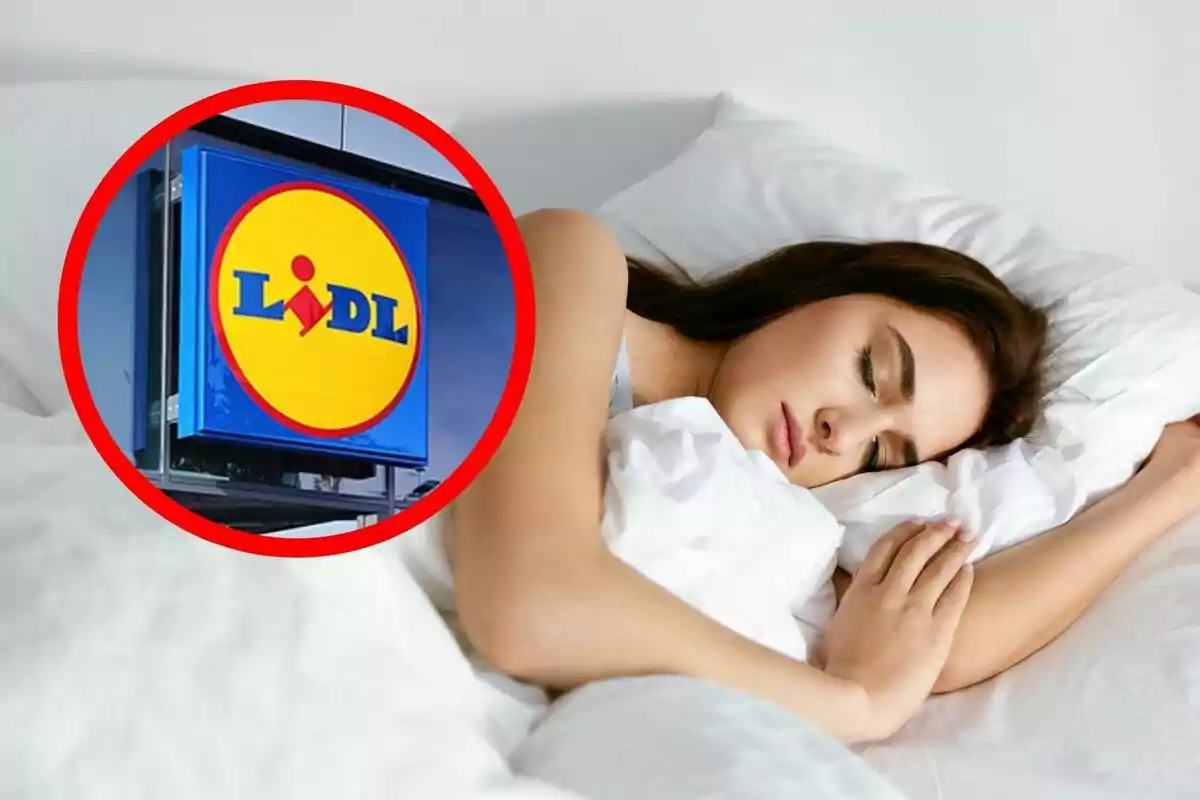 Una dona dorm plàcidament en un llit mentre un logotip de Lidl apareix en un cercle vermell a la cantonada superior esquerra.