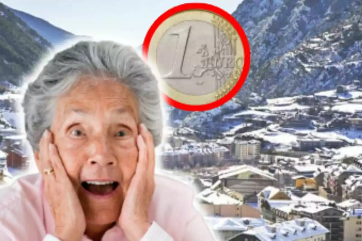 Una dona gran amb expressió de sorpresa, un paisatge nevat de fons i una moneda d?un euro ressaltada en un cercle vermell.