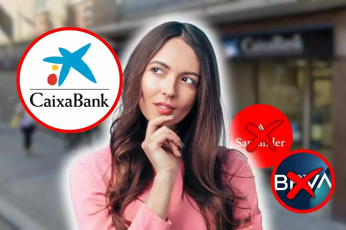 Una mujer pensativa con logos de bancos a su alrededor, destacando CaixaBank sobre Santander y BBVA.