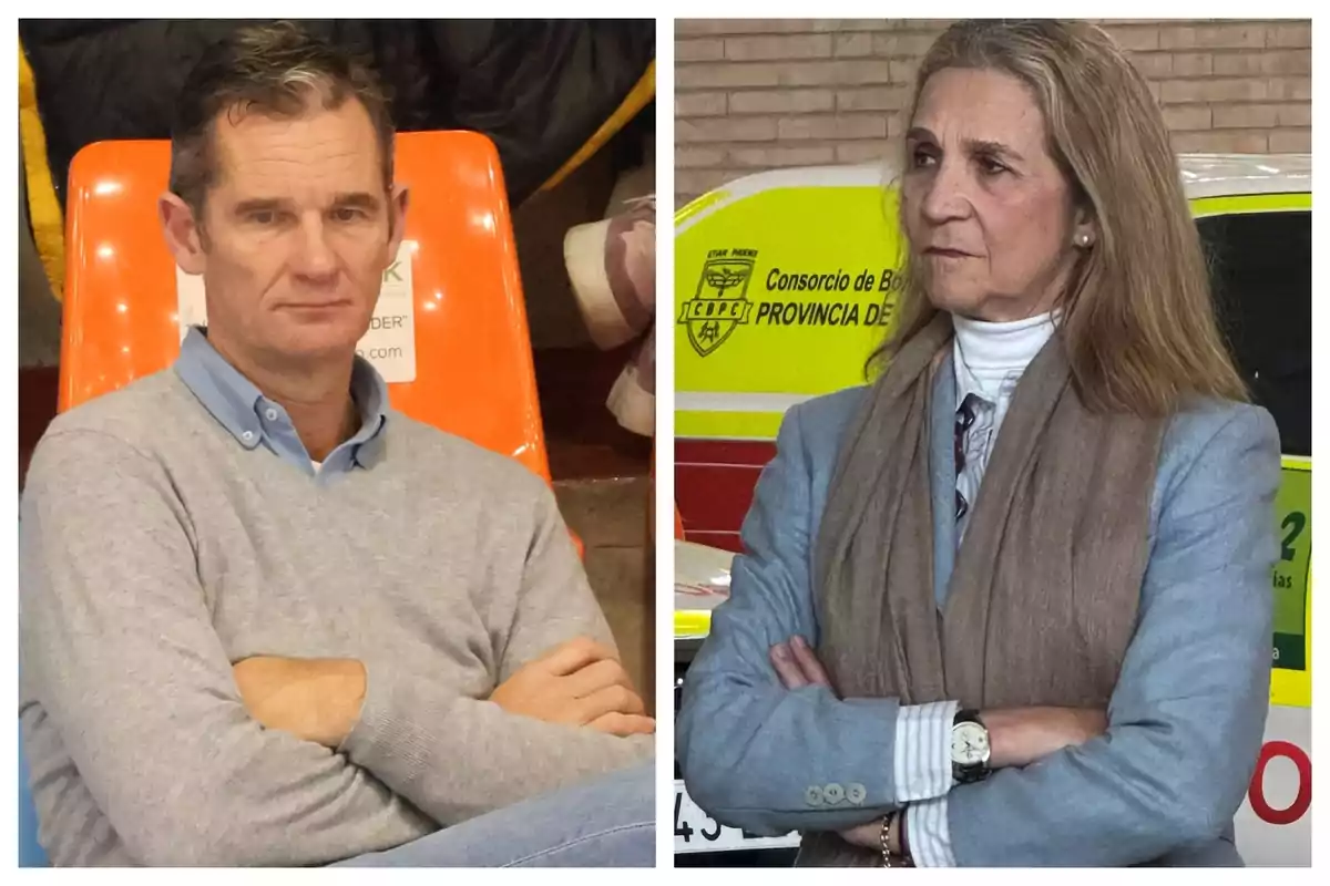 Muntatge de fotos de pla mitjà de la infanta Cristina i Iñaki Urdangarin, tots dos amb els braços creuats i amb rostres seriosos. Muntatge de fotos de pla mitjà de la infanta Cristina i Iñaki Urdangarin, tots dos amb els braços creuats i amb rostres seriosos.