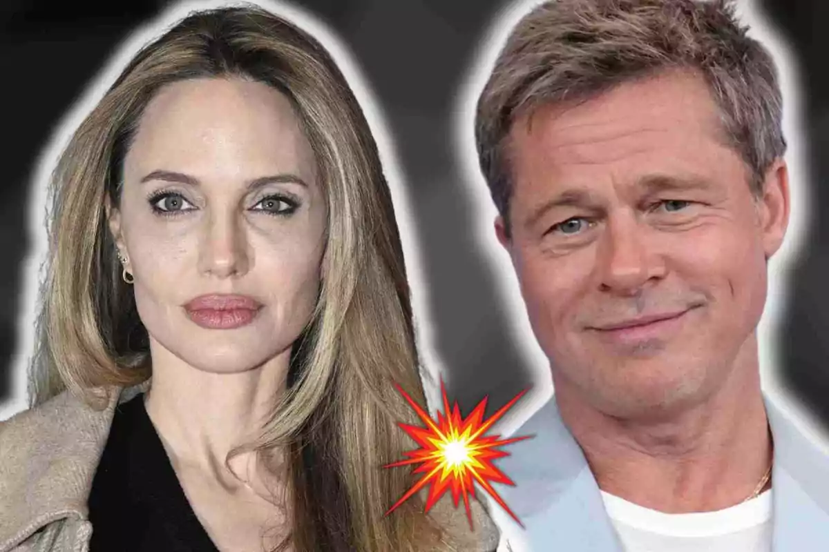 Angelina Jolie y Brad Pitt con una explosión gráfica entre ellas sobre un fondo oscuro.