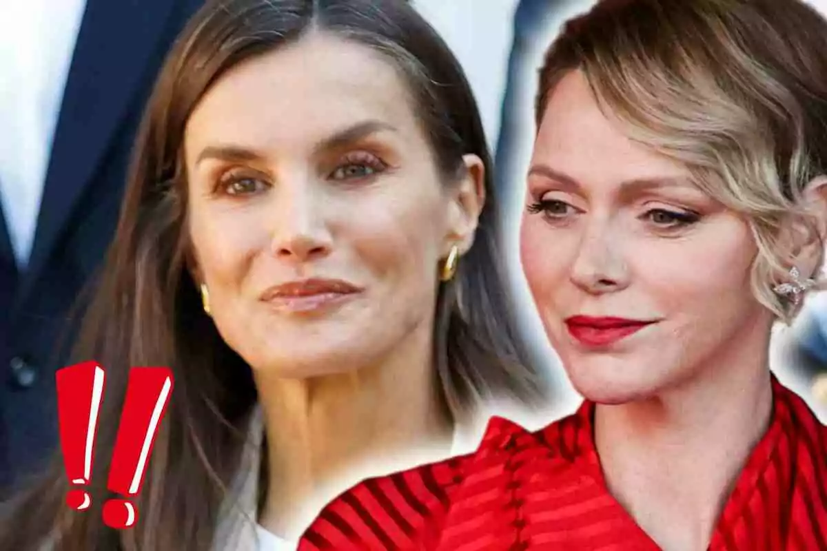 Charlene of Monaco and Queen Letizia with serious expressions and a pair of red exclamation marks in the left corner