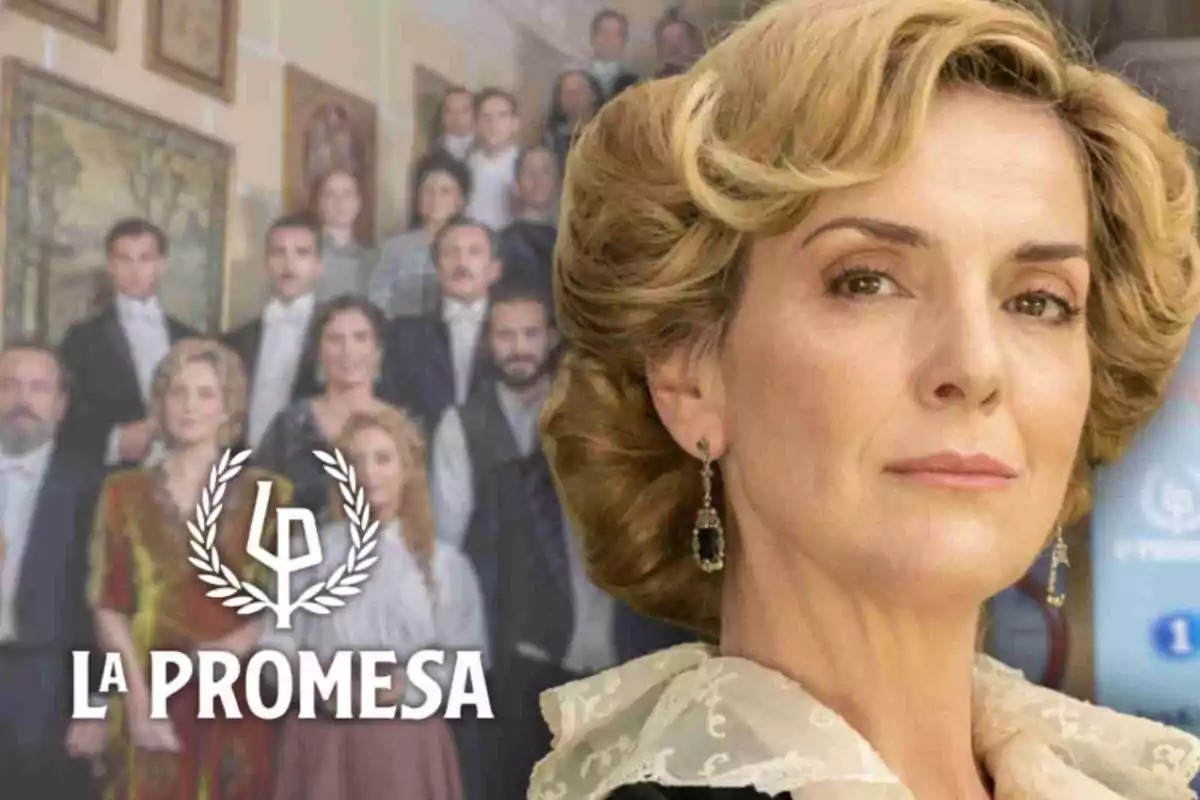 Eva Martín amb expressió seriosa està en primer pla, mentre que un grup de persones vestides d'època apareix al fons, al costat del text "La Promesa".