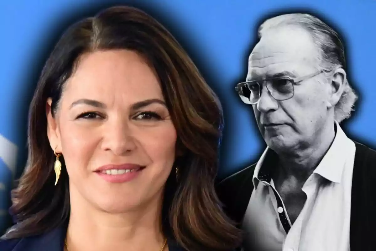 Fabiola Martínez en primer pla amb Bertín Osborne en blanc i negre al fons sobre un fons blau.