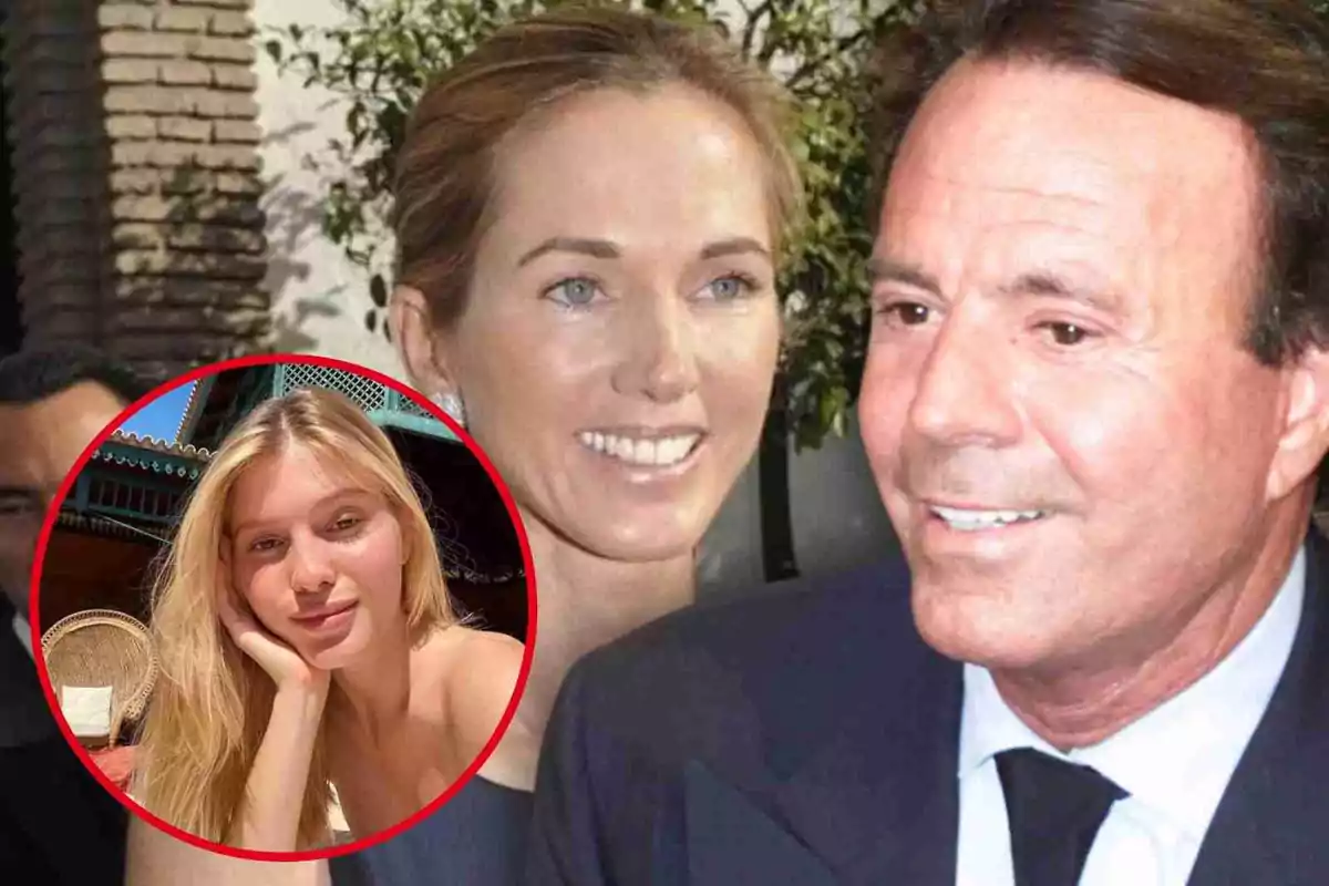 Julio Iglesias and Miranda Rynsburger smiling in the foreground with Cristina Iglesias in a circular frame in the left corner of the image