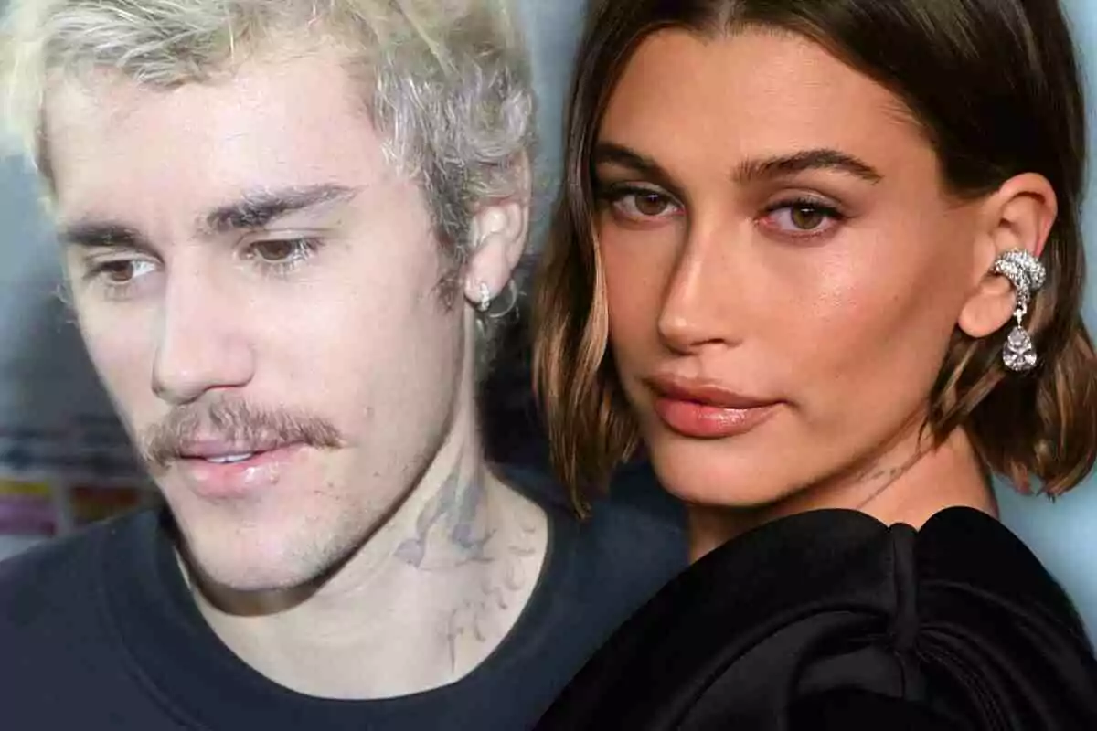 Primer pla de Justin Bieber i Hailey Bieber amb cares serioses.