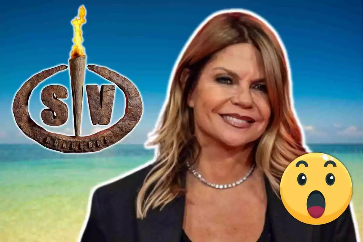 Makoke somrient davant d'un fons de platja amb el logotip de 'Supervivientes' i un emoji sorprès.