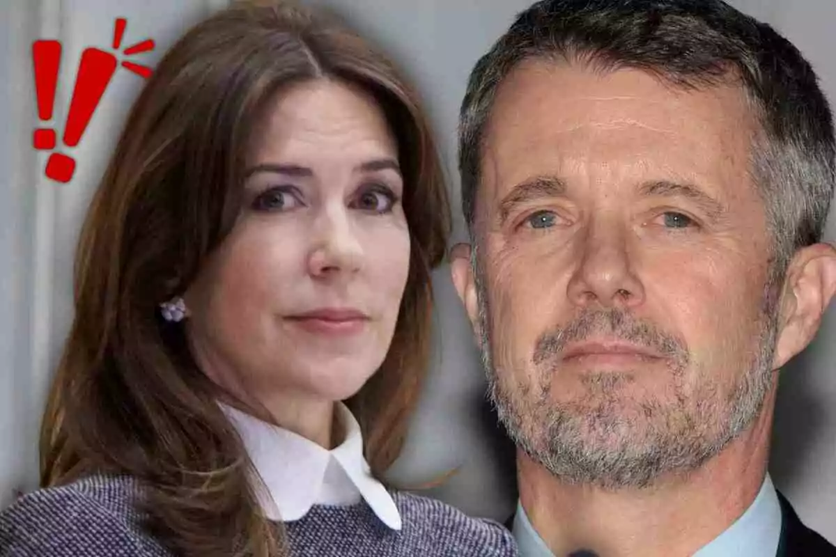 Mary de Dinamarca i Frederic de Dinamarca miren cap a la càmera amb una expressió seriosa, amb un símbol d'exclamació vermell al costat de Mary.