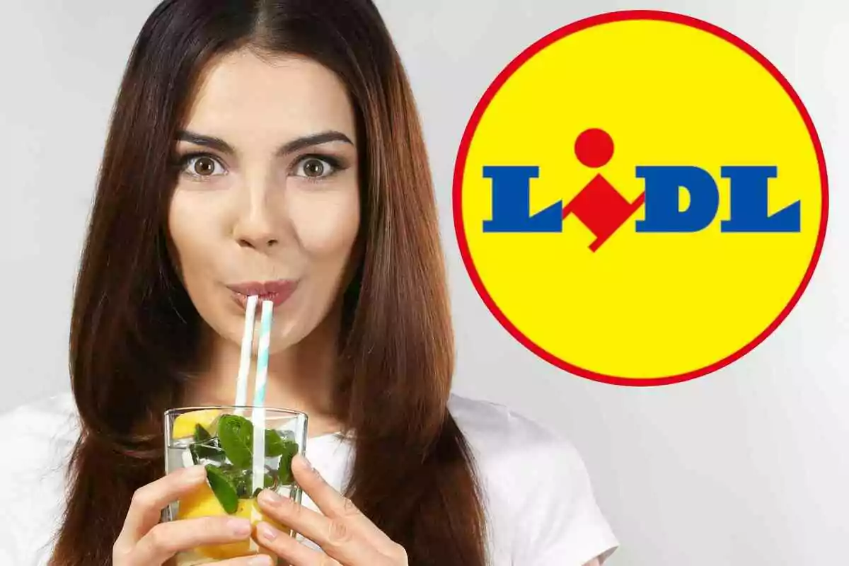 Mujer joven bebiendo una bebida con limón y menta usando dos popotes junto al logo de Lidl sobre fondo claro