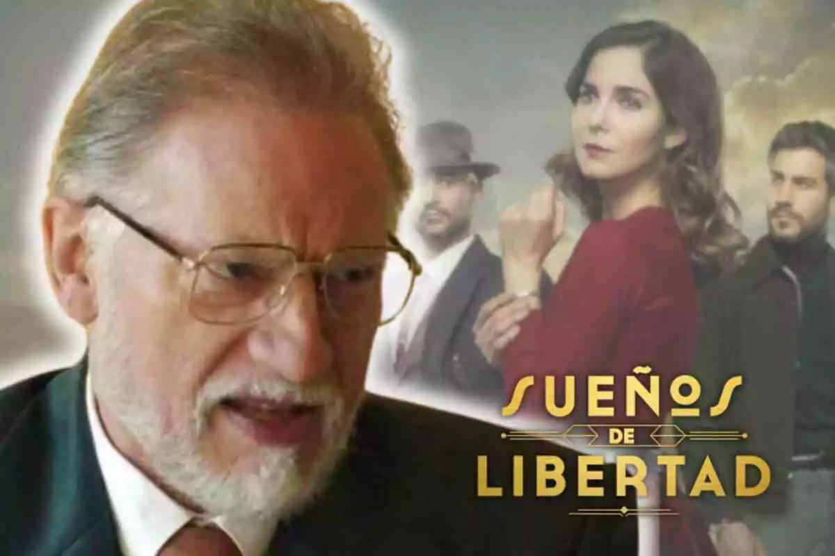 Nancho Novo amb ulleres apareix en primer pla, al fons es veuen tres persones i el títol Sueños de Libertad.