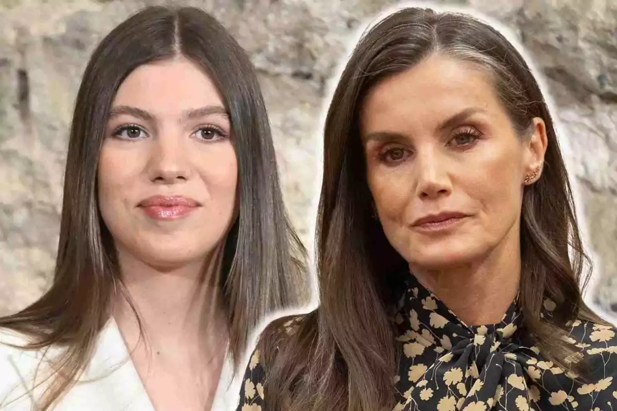 La reina Letícia i la infanta Sofia amb cabell fosc posen davant d'un fons neutre. La reina Letícia i la infanta Sofia amb cabell fosc posen davant d'un fons neutre.