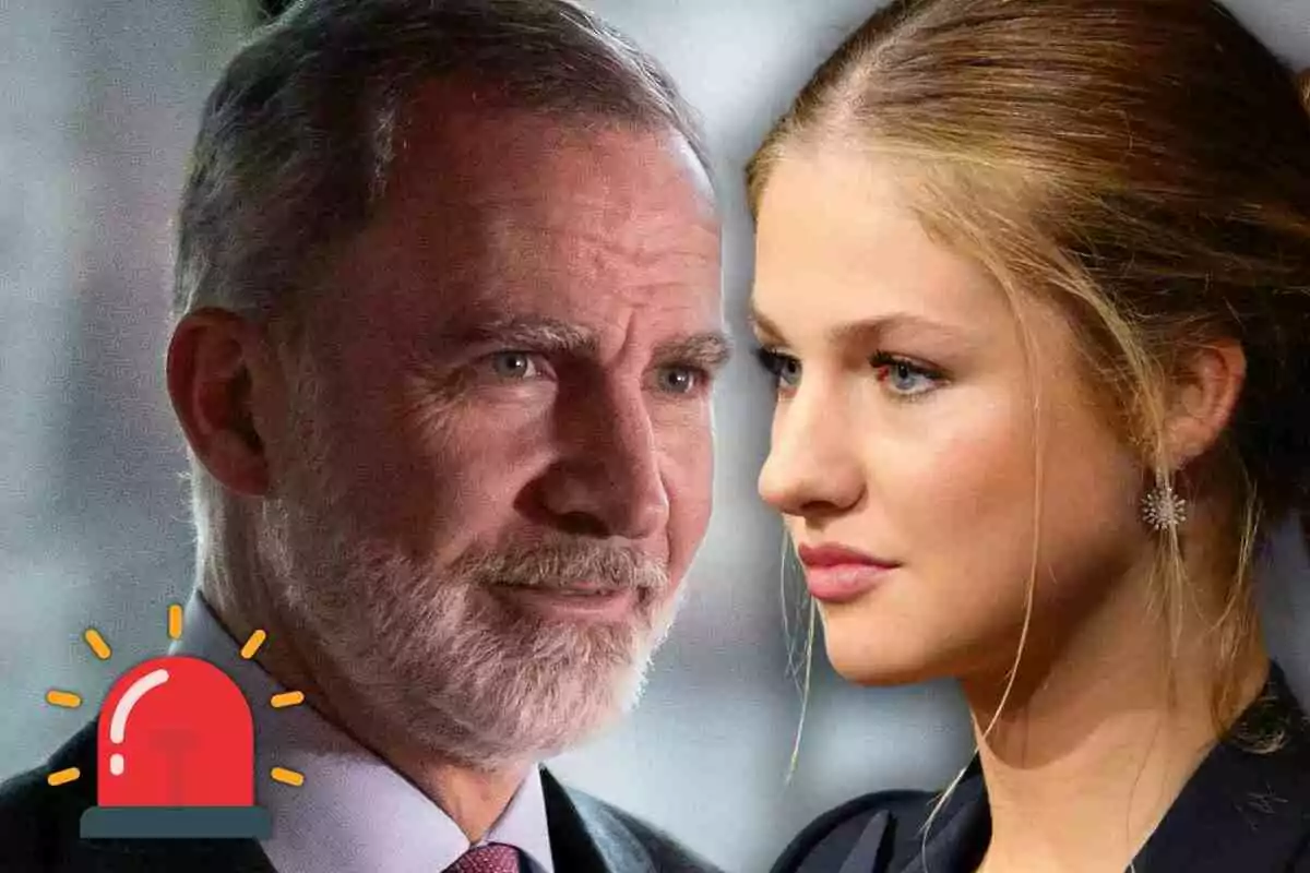 El rei Felip amb barba canosa i la princesa Leonor mirant-se de front amb una sirena d’alarma vermella a la cantonada inferior esquerra