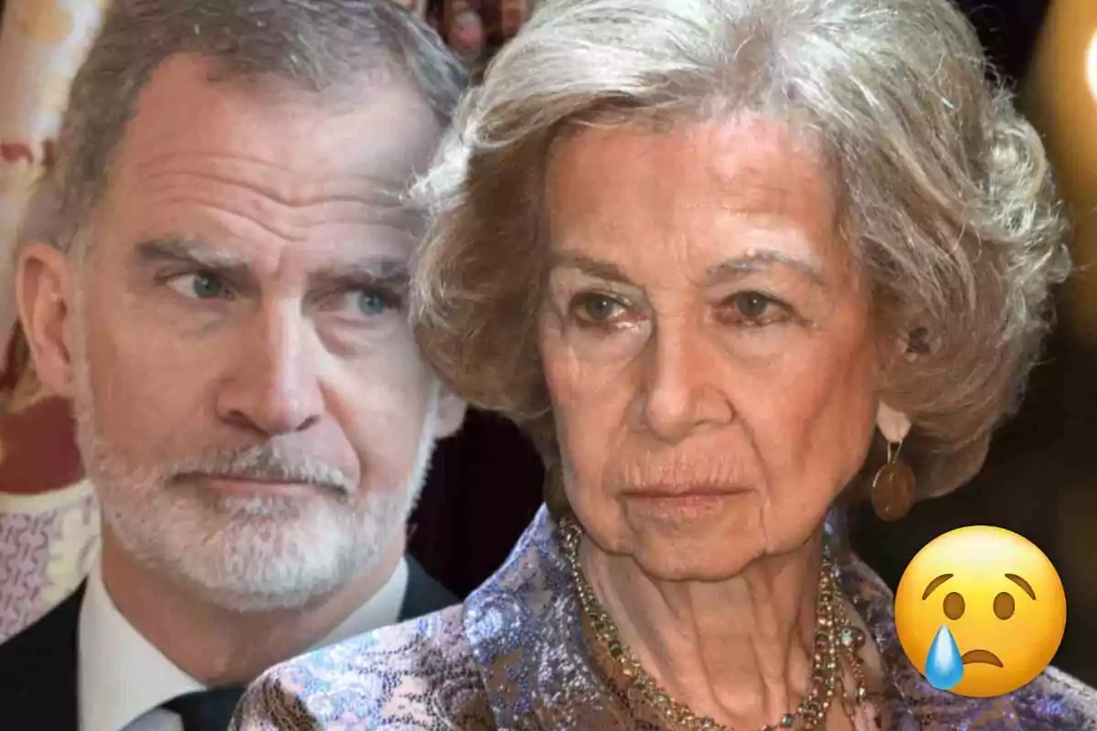 El rei Felip mirant la reina Sofia d’expressió seriosa amb un emoji de carona trista i una llàgrima a la cantonada